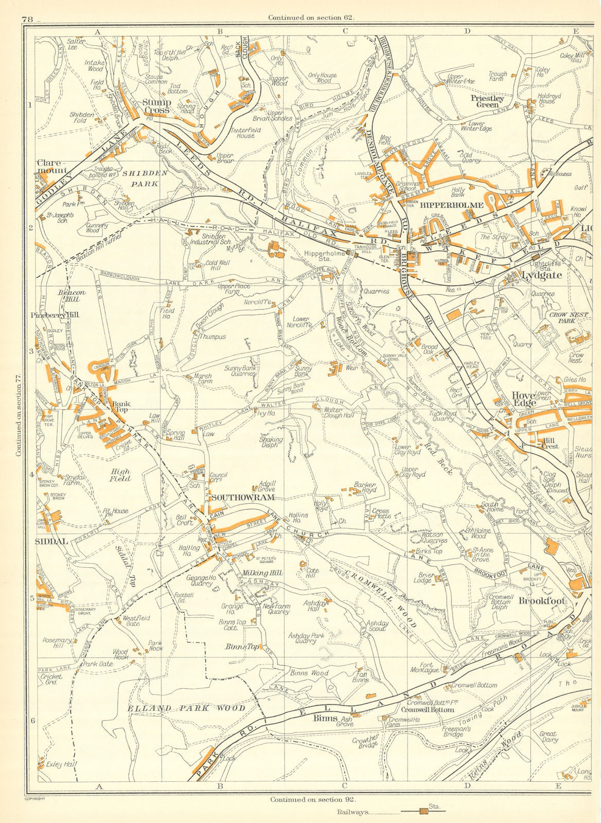 YORKS Brookfoot Elland Park Southowram Hove Edge Hipperholme Lydgate 1935 map